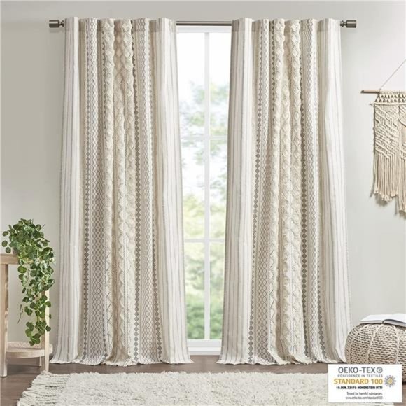 100% Cotton SINGLE PANEL Curtain Tufted Chenille Stripe Geometric Top Drape - Picture 1 of 7